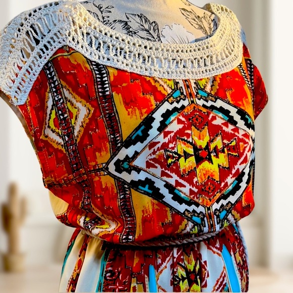 Jealous Tomato I Boho Tribal Aztec Print I Crochet Trim Mini Dress I Size:Small - Picture 3 of 5